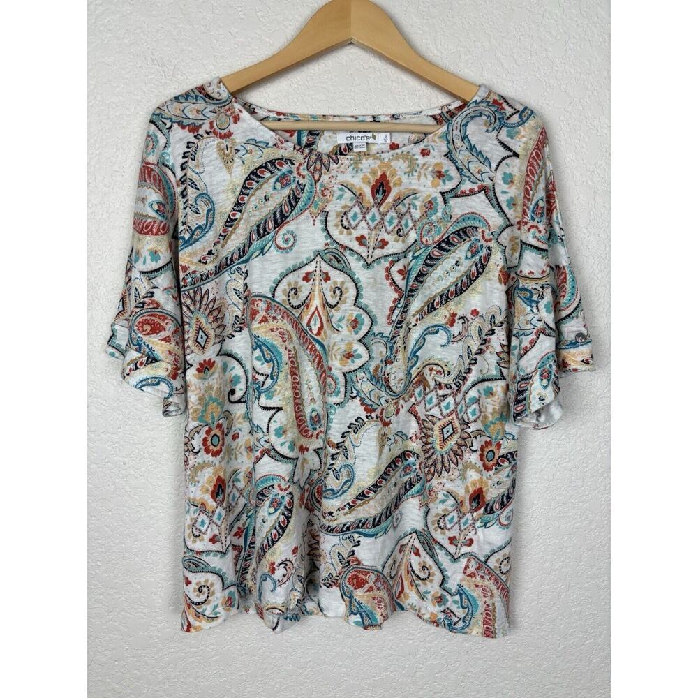 Chico's 100% Linen Women’s Top‎ Sz 3/XL Paisley Boho Earthtones Boxy Office Work